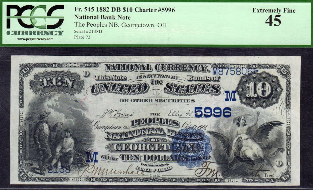 Georgetown, OH Ch.#5996, Peoples NB 1882DB $10, Ch. XF, PCGS-45